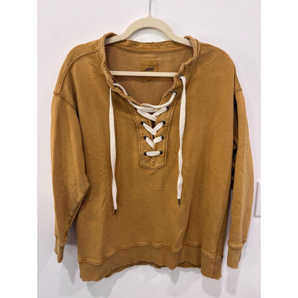Aerie Lace Up Oversized Sweatshirt Mustard Yellow Crewneck XS